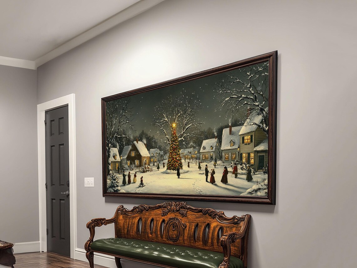 Snowy Christmas Village Square Night Gathering Lit Tree Art Print - Image 5