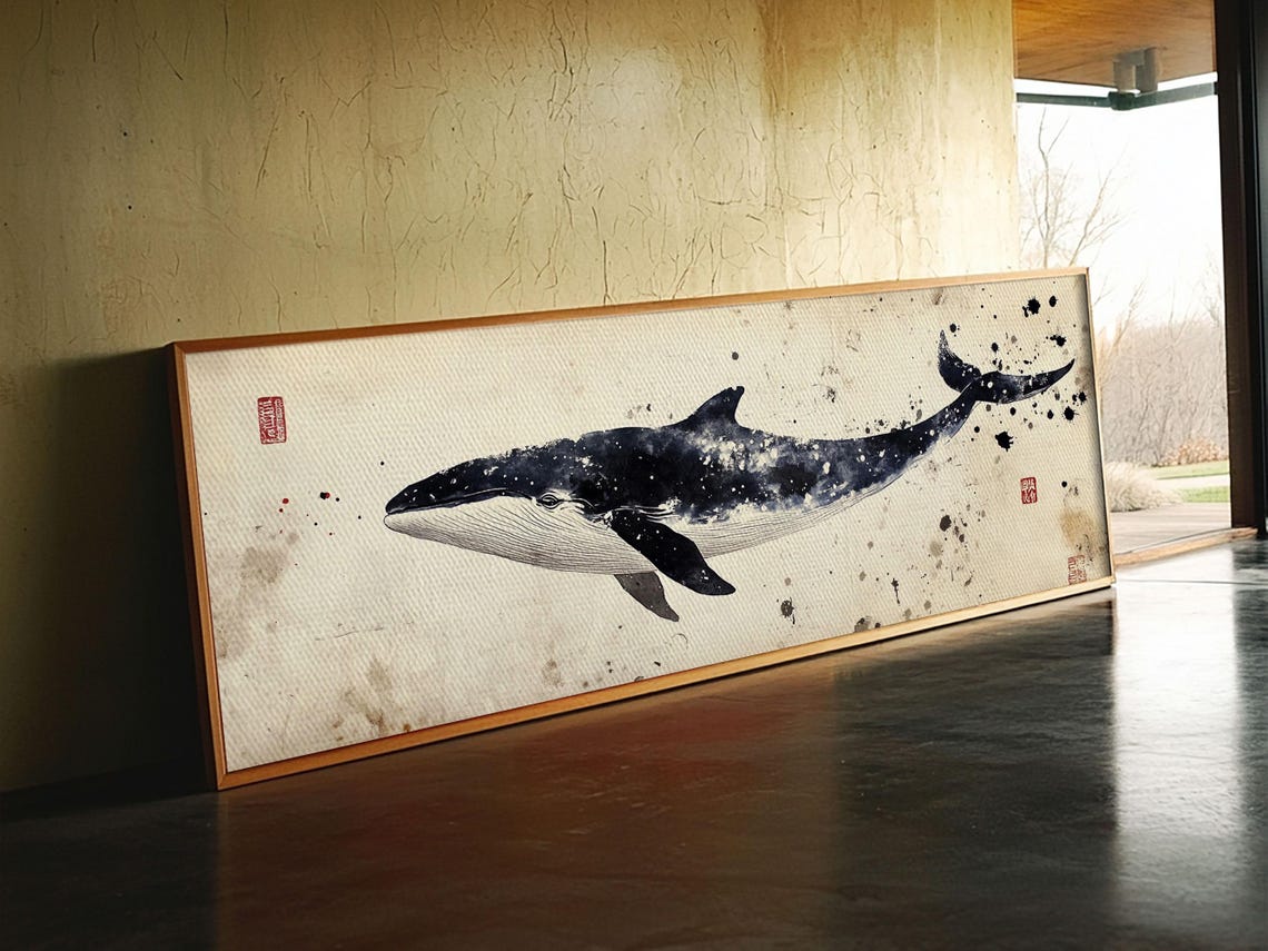 Japanese Ink Whale Watercolor Panoramic Minimalist Ocean Wall Poster - Image 2