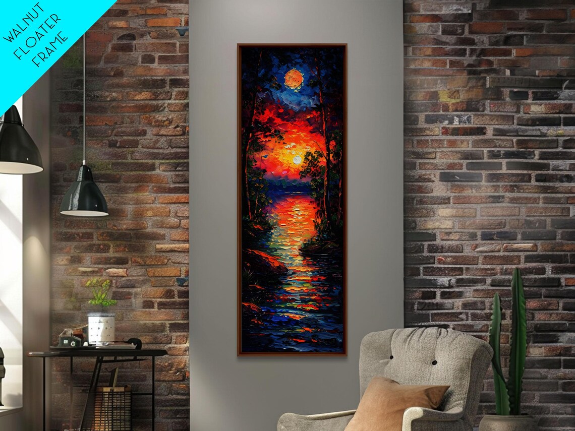 Fiery Sunset And Full Moon Over Dark Water Impasto Lake Night Poster - Image 6