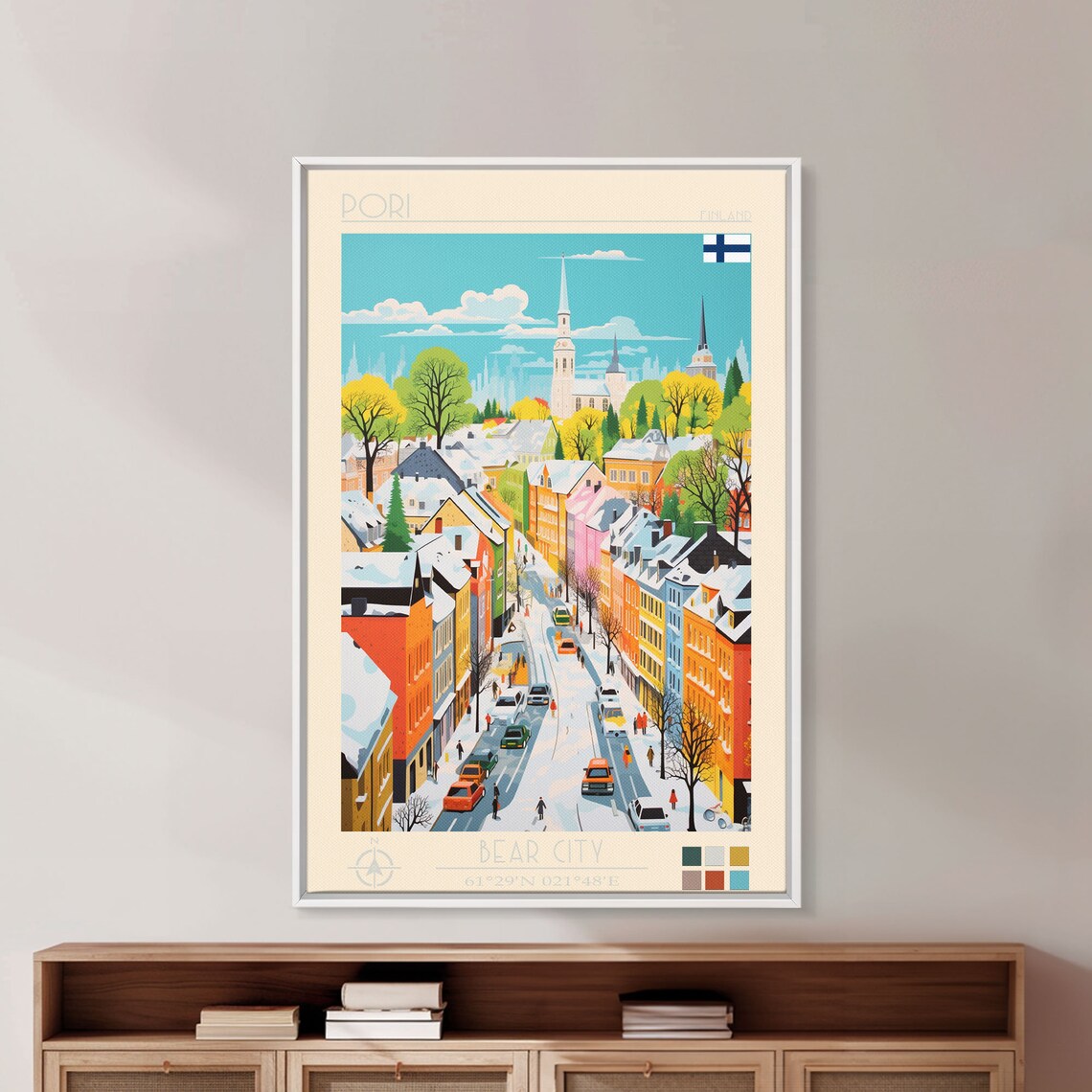 Pori Finland Winter Snow Street Church Towers Old Town Travel Poster - Image 4