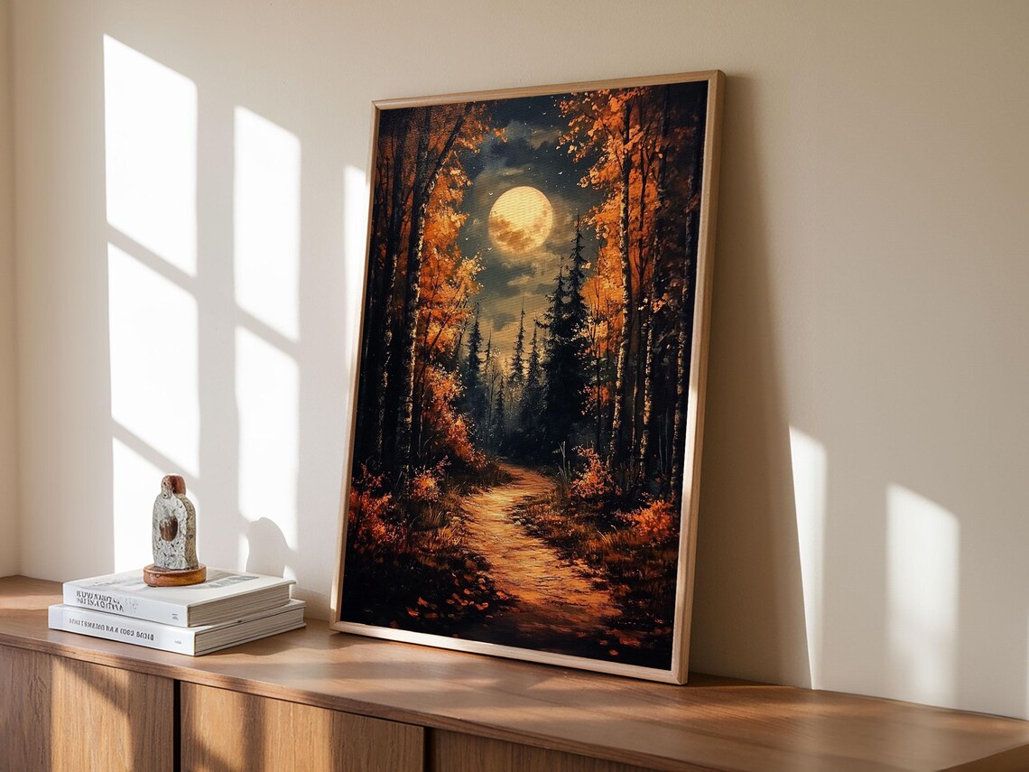 Haunted Autumn Forest Full Moon Path Spooky Eerie Night Halloween Art Poster - Image 4