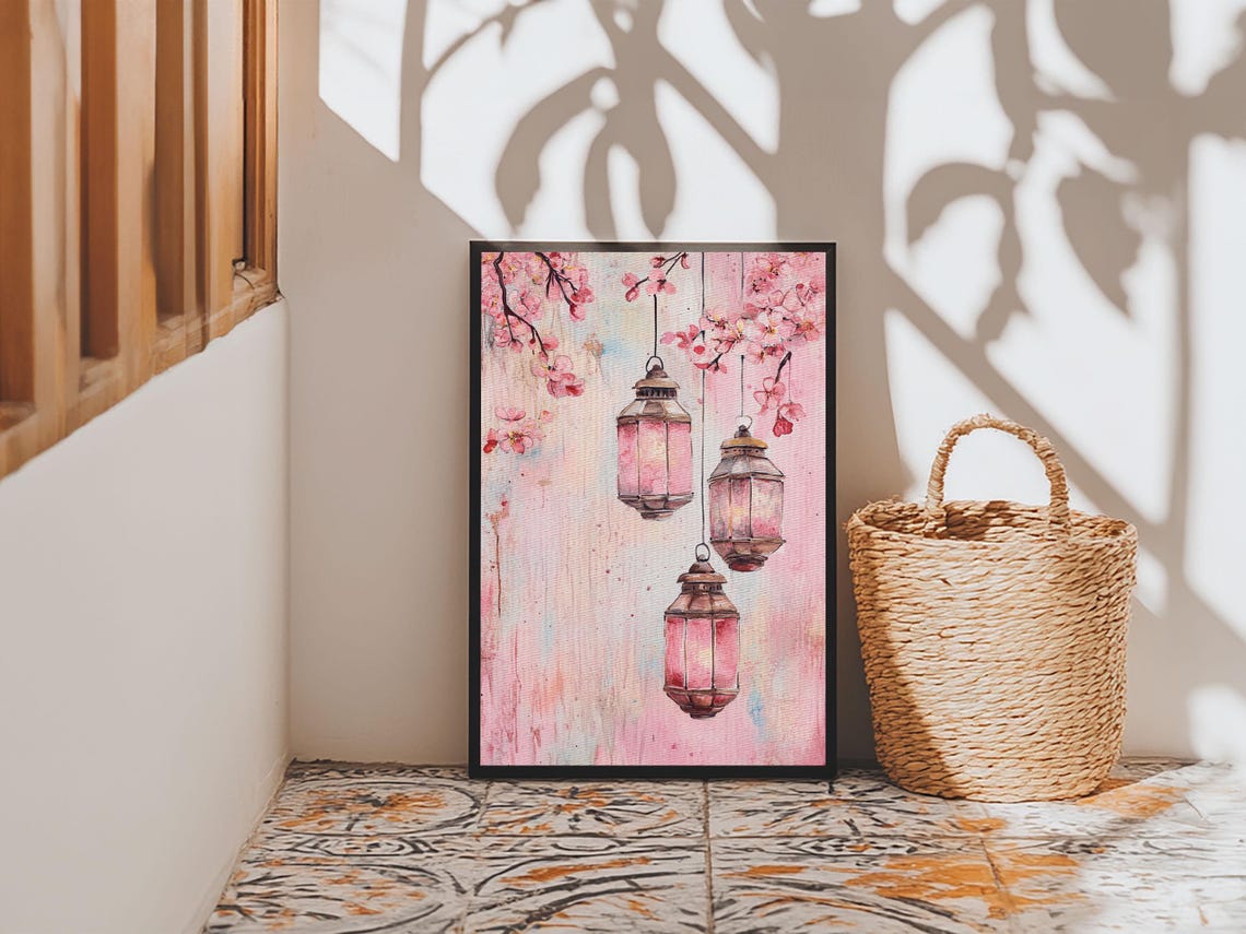 Moroccan Lanterns Cherry Blossom Pink Watercolor Boho Art Poster - Image 3