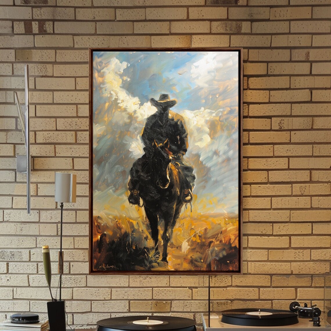 Silhouette Cowboy On Horseback At Dusk Golden Prairie Oil Poster - Image 2