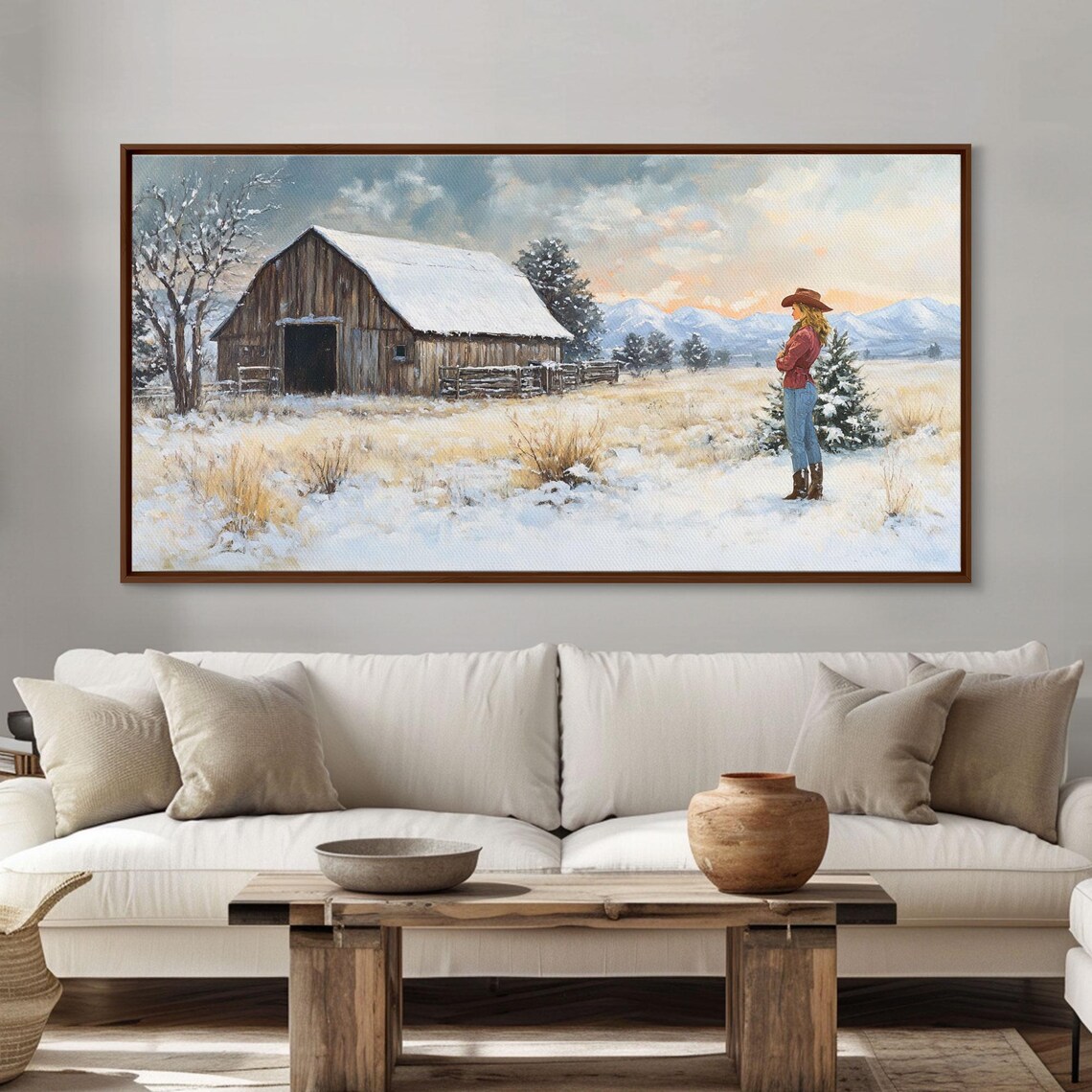 Cowgirl By Snowy Barn In Winter Pasture Mountain Sunrise Art Poster