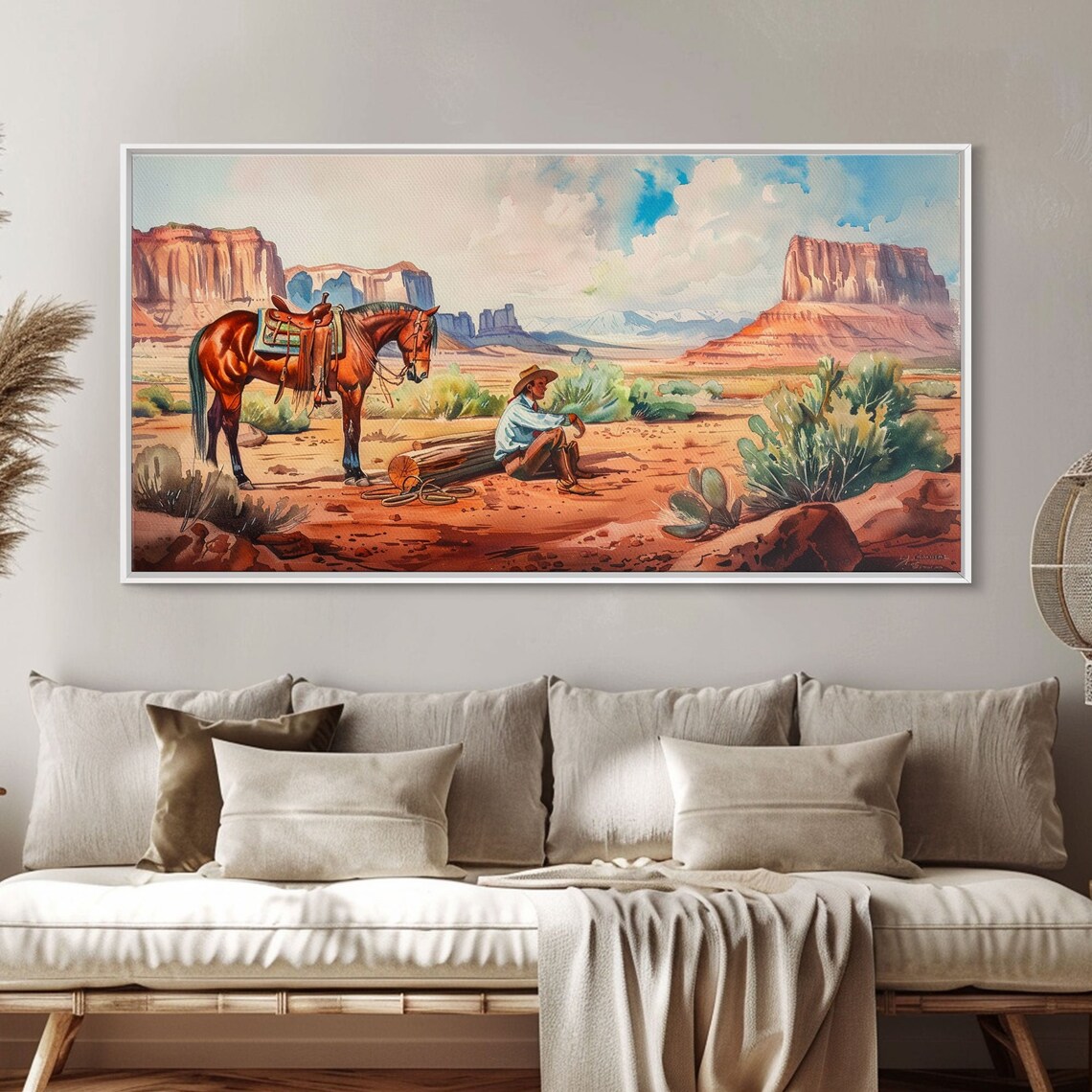 Cowboy Resting by Horse Red Rock Desert Western Scene Painting Poster - Image 4