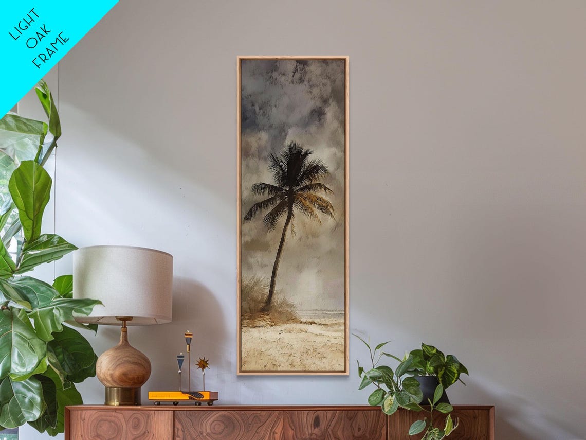 Framed Print Moody Palm Tree Painting Coastal Landscape Art Wabi Sabi Art Above Sofa Wall Decor Rustic Beach Scene Print - Image 3