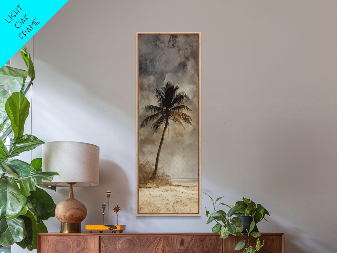 Moody Leaning Palm Tree Stormy Beach Vintage Coastal Scene Art Poster - Image 3