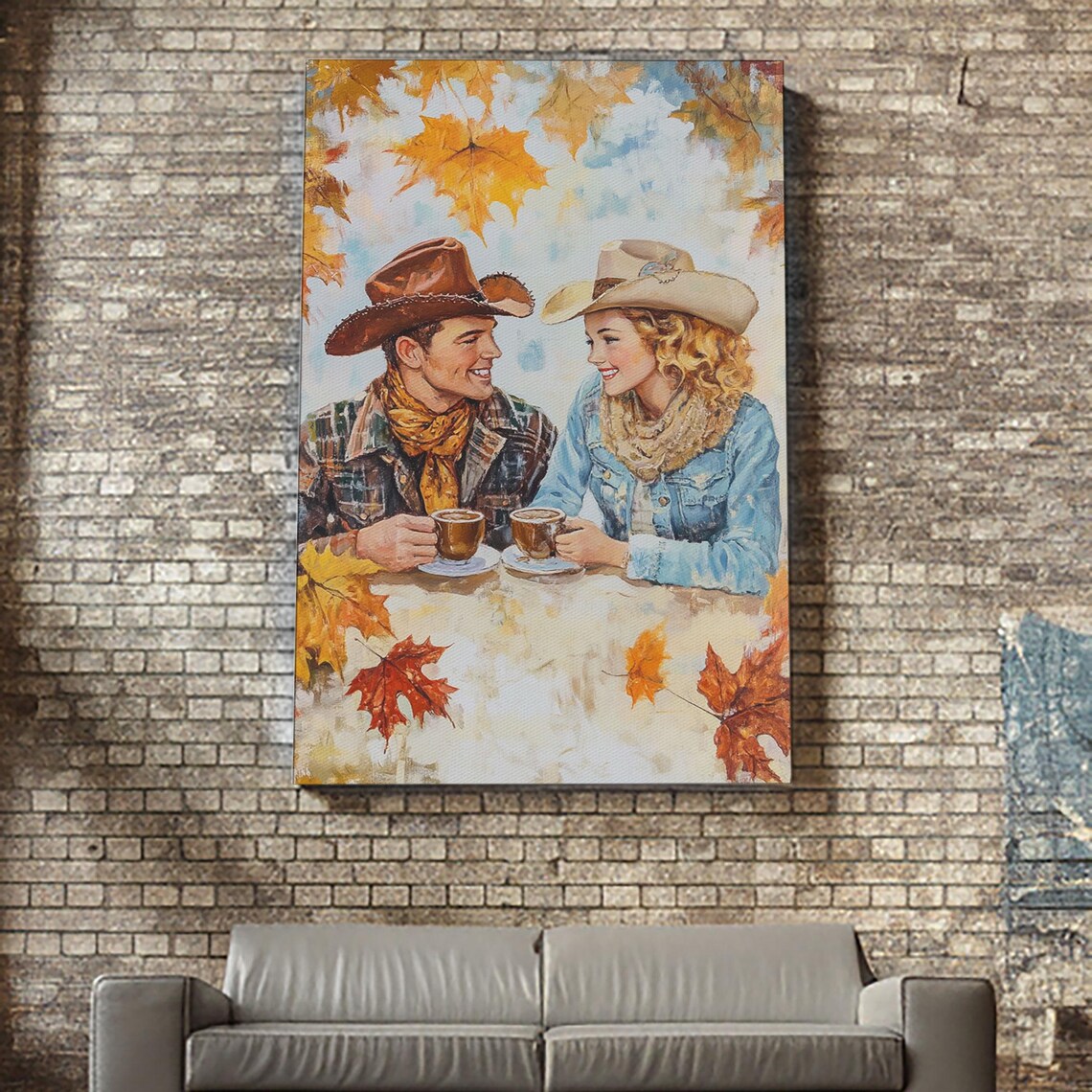 Western Couple Sharing Coffee Autumn Maple Leaves Smiling Art Poster