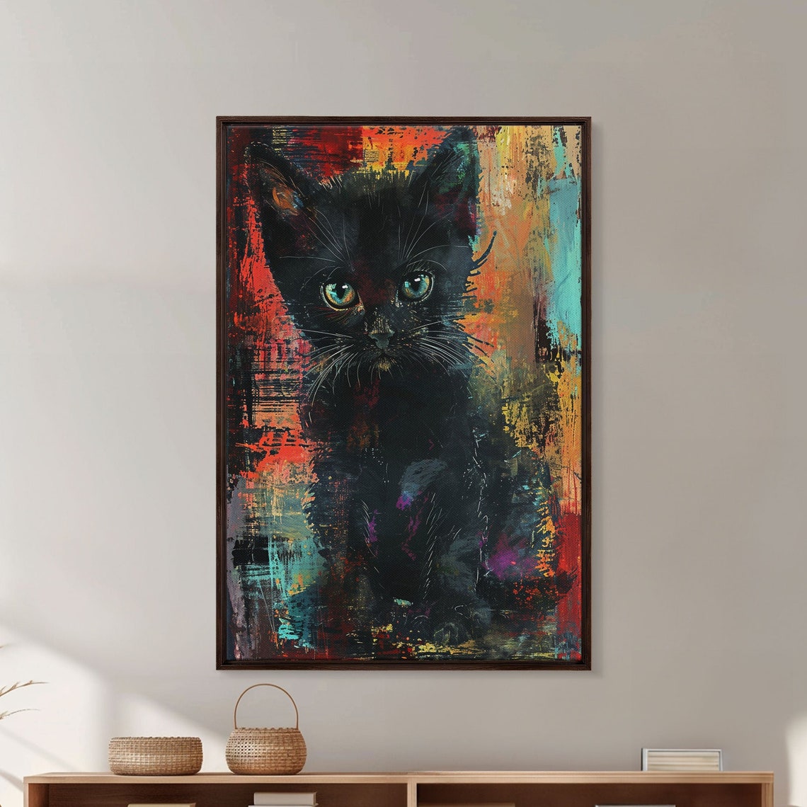 Black Kitten Abstract Painting Poster with Colorful Brushstroke Back