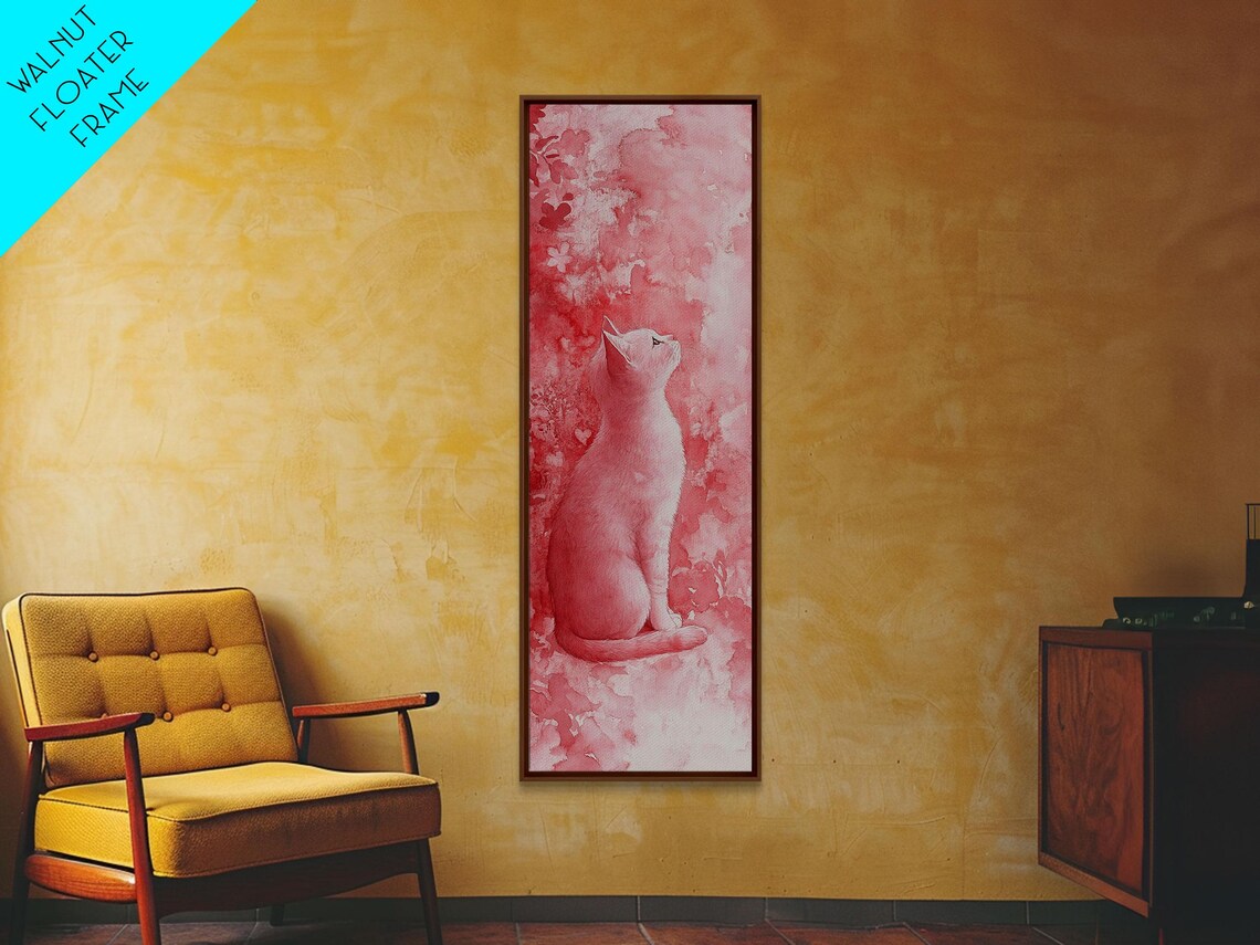 Pink Watercolor Cat Sitting Floral Whimsical Animal Wall Art - Image 6