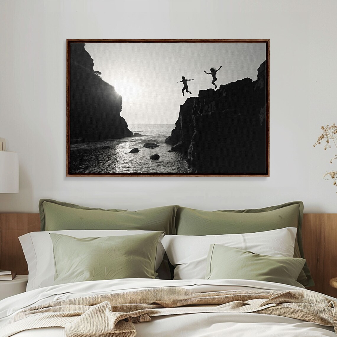 Black And White Cliff Divers Jumping Ocean Dramatic Minimalist Photography Print - Image 4