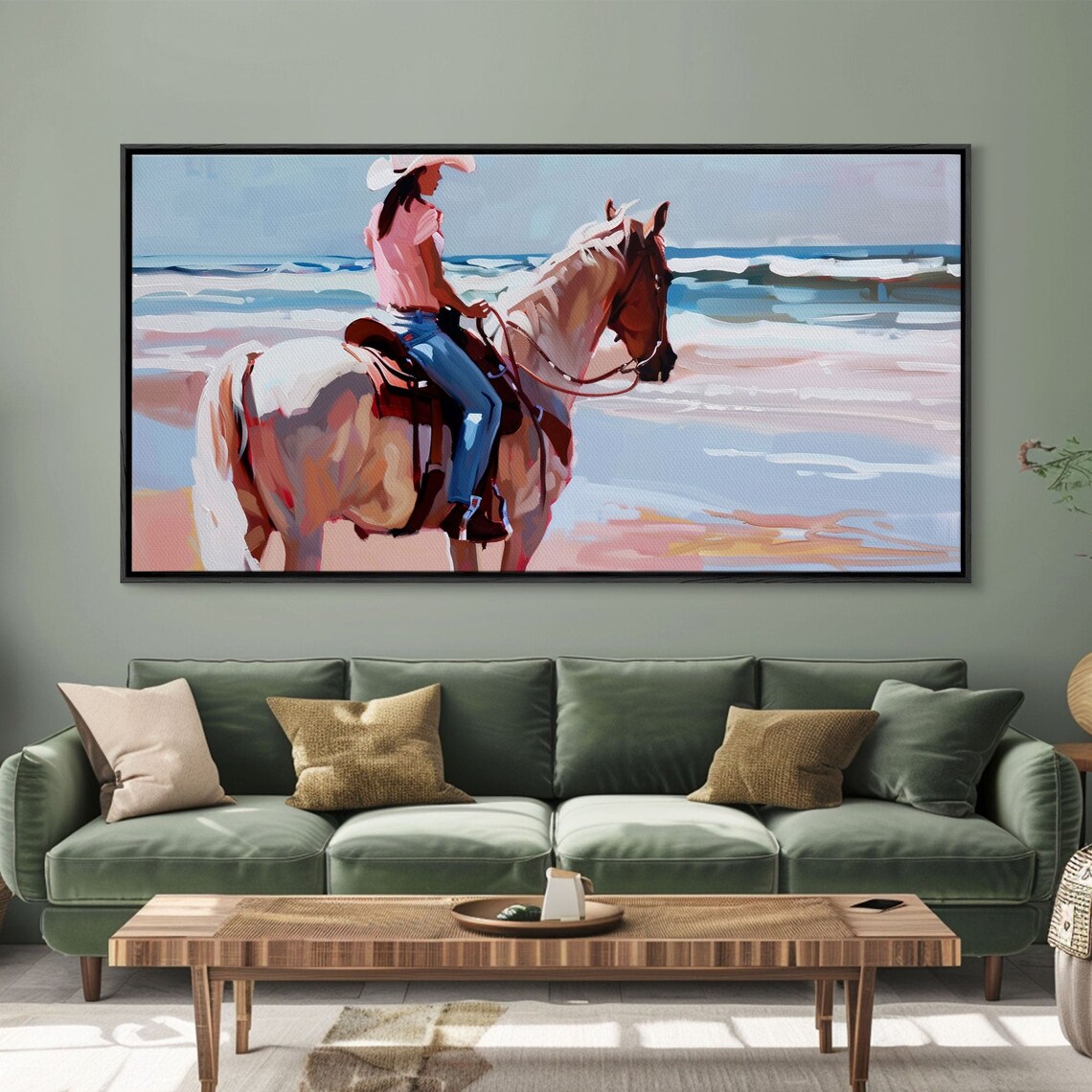 Cowgirl On Pinto Horse Beach Ride Waves Pink Shirt Western Coastal Art - Image 3
