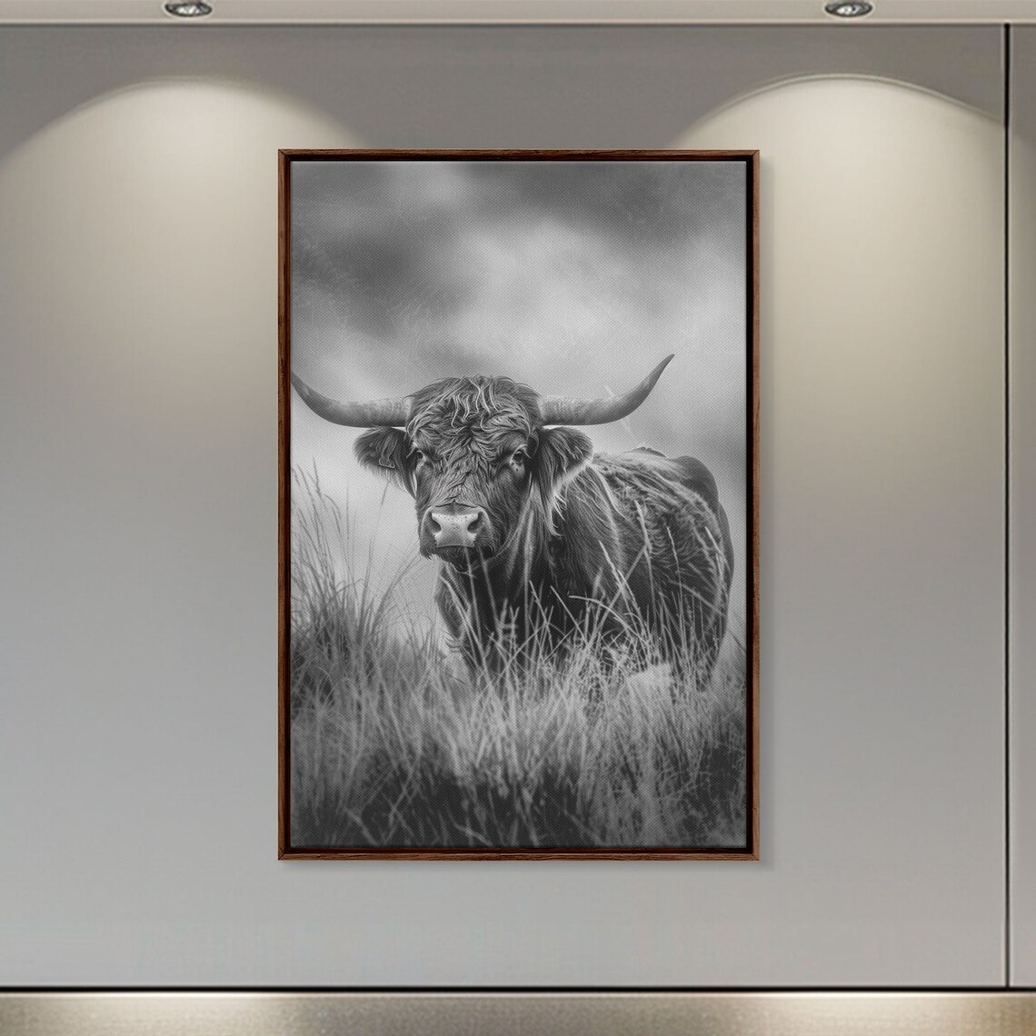 Black And White Highland Cow Misty Meadow Longhorn Cattle Art Poster