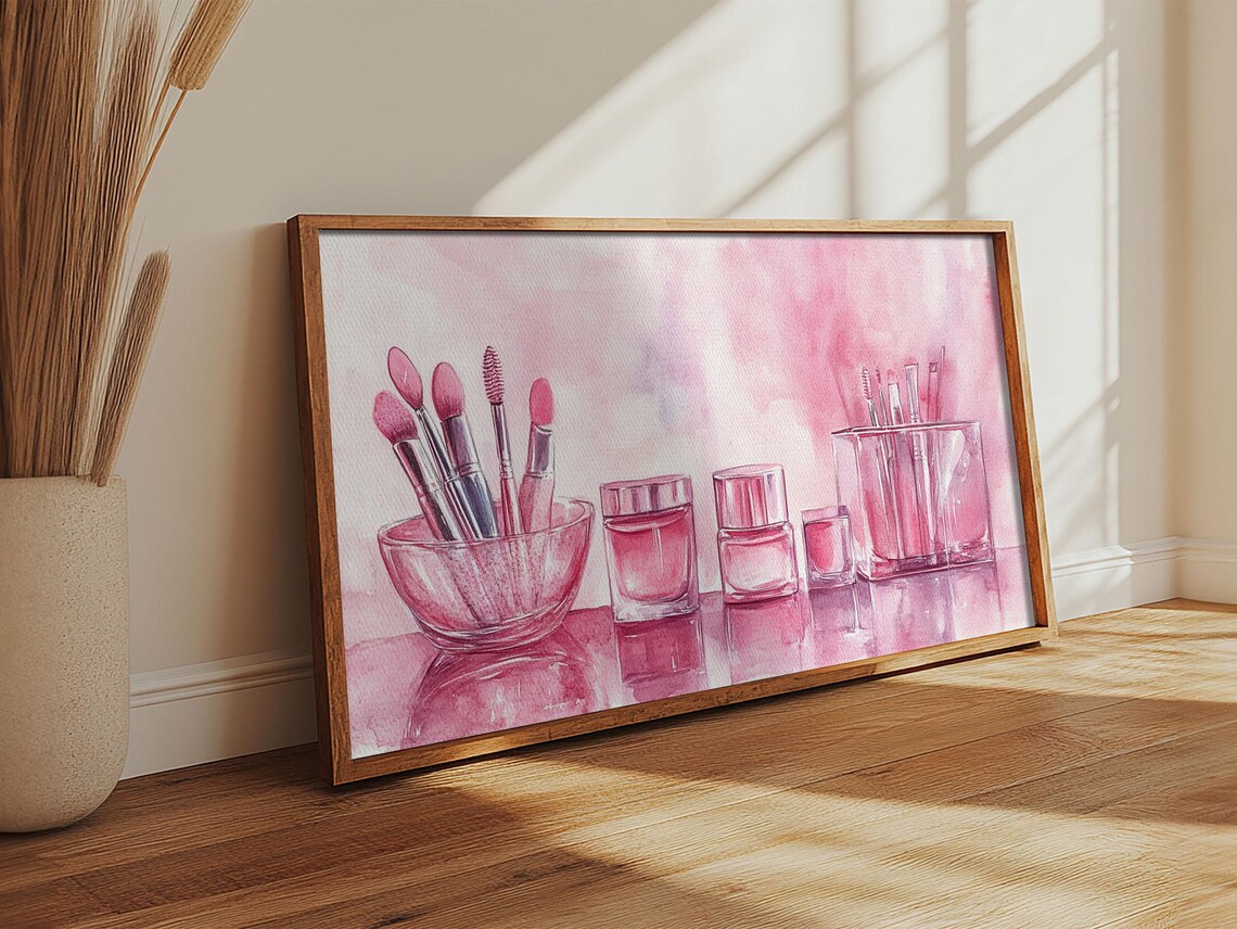 Pink Makeup Brushes Still Life Watercolor Vanity Beauty Room Poster - Image 2