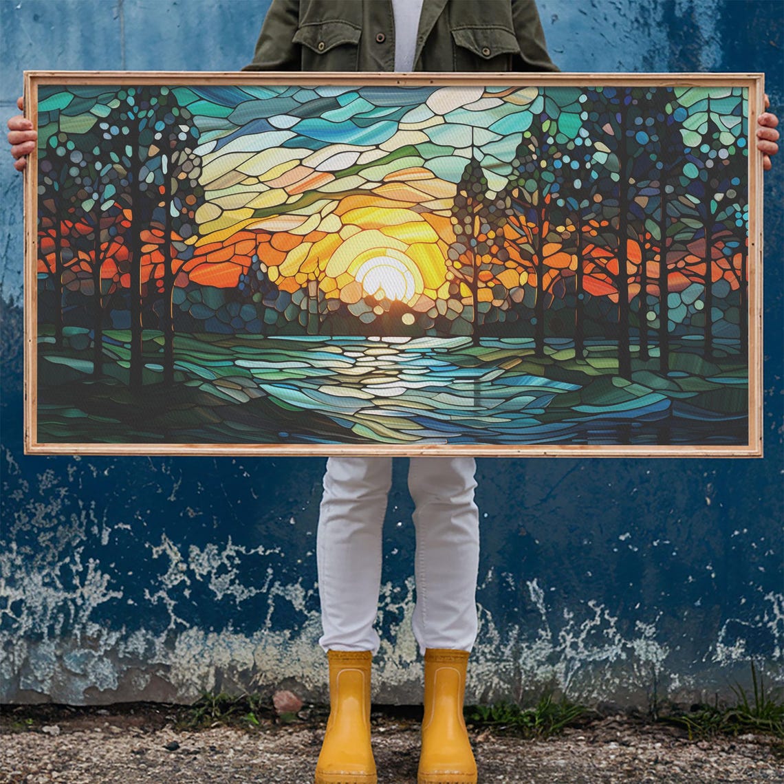 Stained Glass Mosaic Forest Sunset River Panoramic Landscape Poster - Image 6
