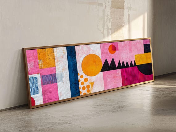 Modern Abstract Print Pink Orange Wall Art Geometric Whimsical Design Minimalist Art Above Sofa Extra Wide Unique Decor