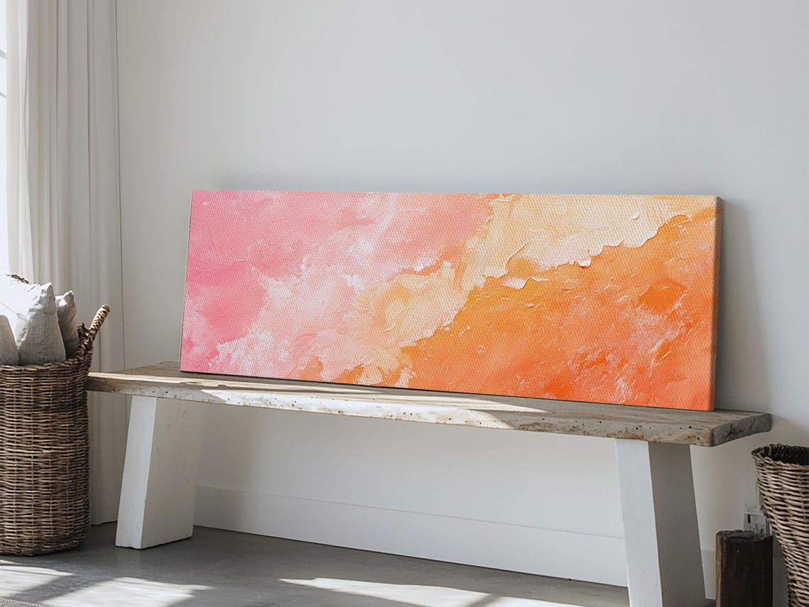 Textured Blush Pink Coral Peach Abstract Pastel Panoramic Art Print - Image 2
