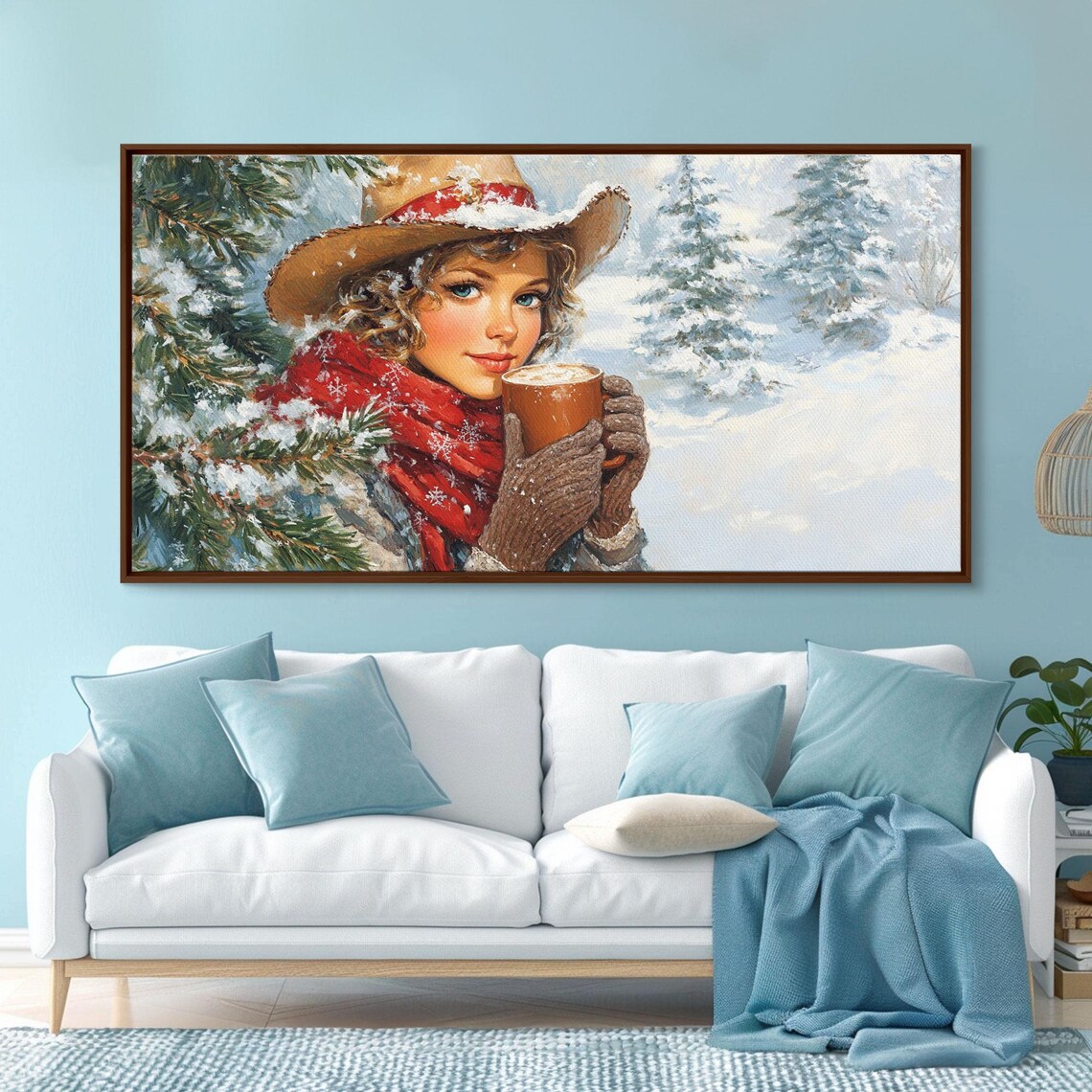Young Cowgirl Sipping Cocoa In Snowy Pine Forest Winter Cozy Poster - Image 4
