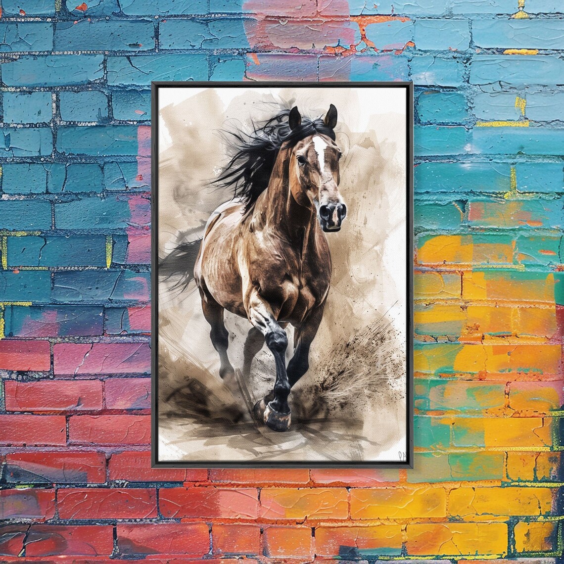 Powerful Brown Horse Galloping Dust Watercolor Equestrian Art Poster - Image 4