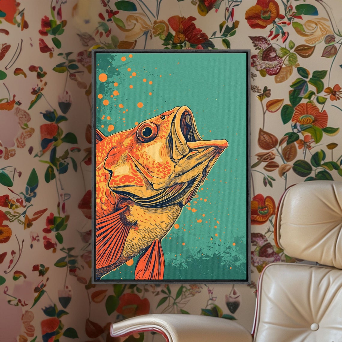 Leaping Orange Fish Mouth Open Stylized Illustration Wall Art Print - Image 2