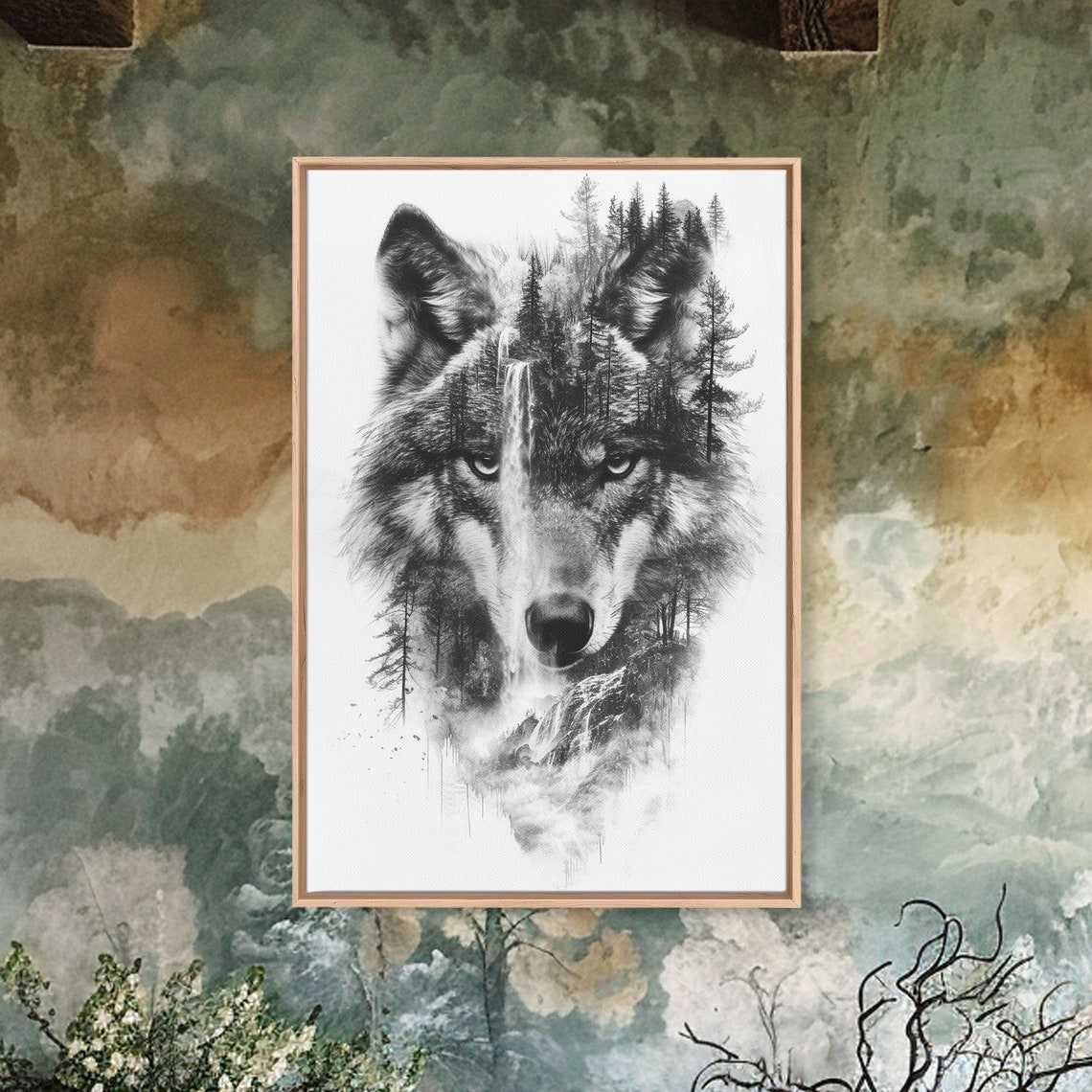 Black and White Wolf Forest Poster with Waterfall Double Exposure
