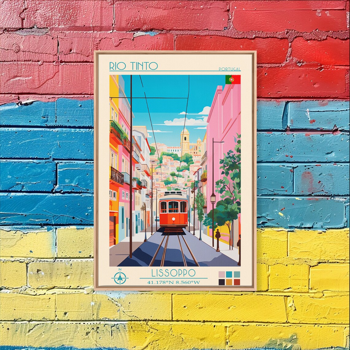 Rio Tinto Portugal Colorful Street Red Tram Old Town Travel Poster - Image 2