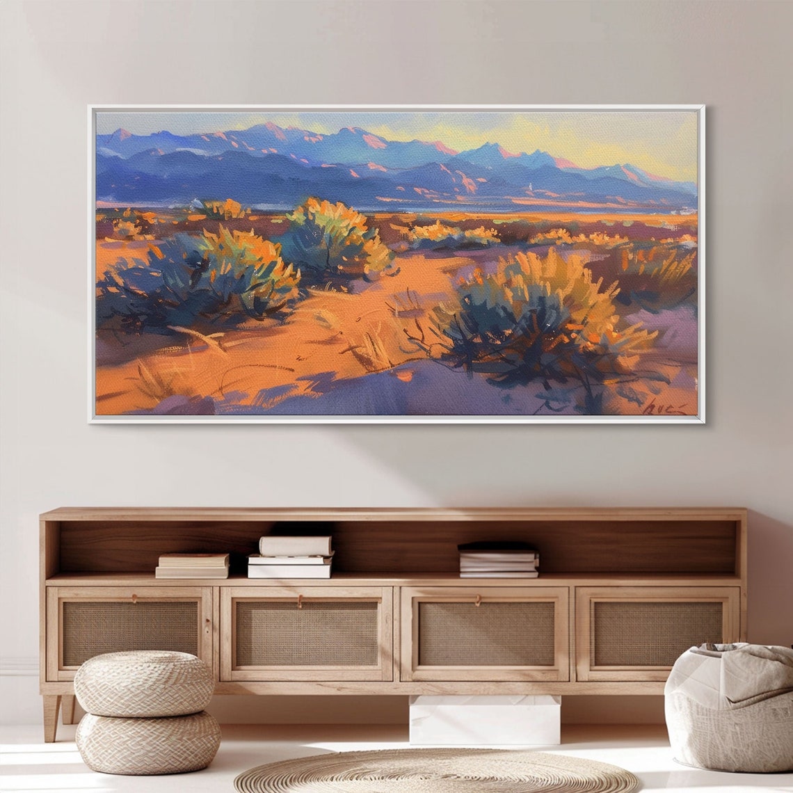 Golden Desert Dunes Sagebrush Blue Mountain Sunset Painting Poster