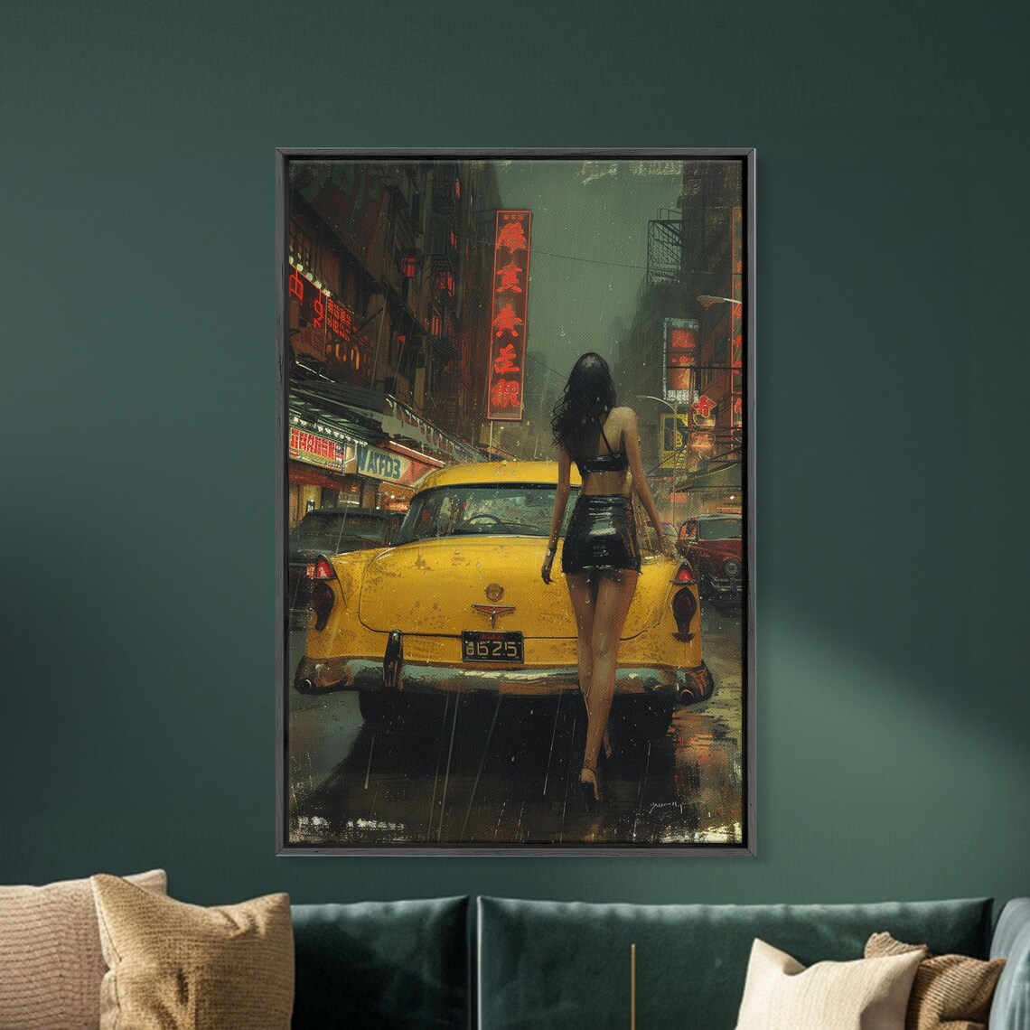 Rainy Asian City Night Poster Woman Walking to Vintage Yellow Taxi - Image 3