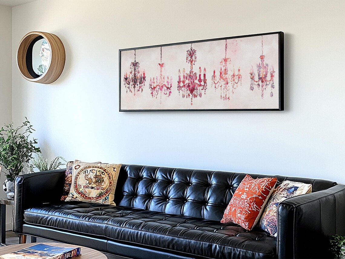 Pink Crystal Chandeliers Watercolor Glamorous French Chic Wall Art - Image 2