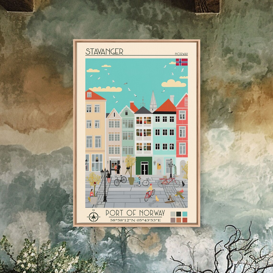 Stavanger Norway Colorful Harbor Houses Square View Travel Poster - Image 2
