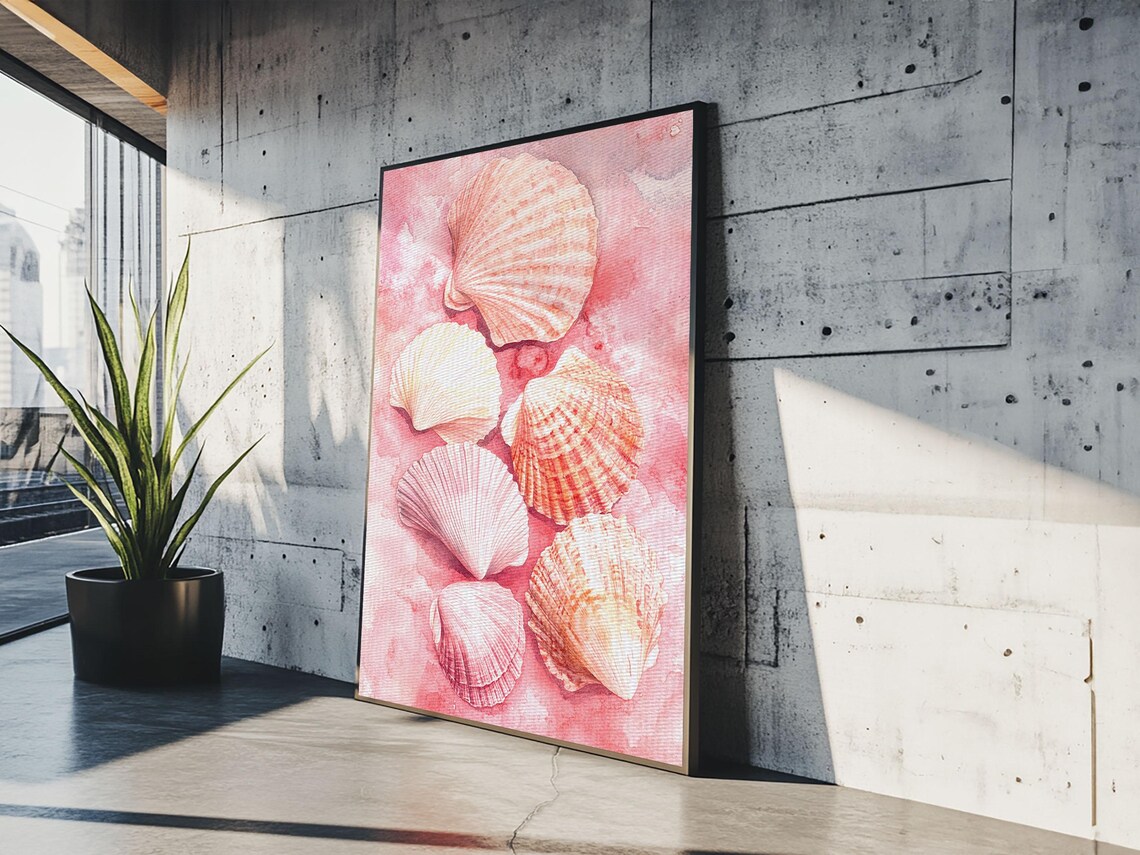 Blush Pink Scallop Seashells Watercolor Coastal Beach Wall Art Poster - Image 2
