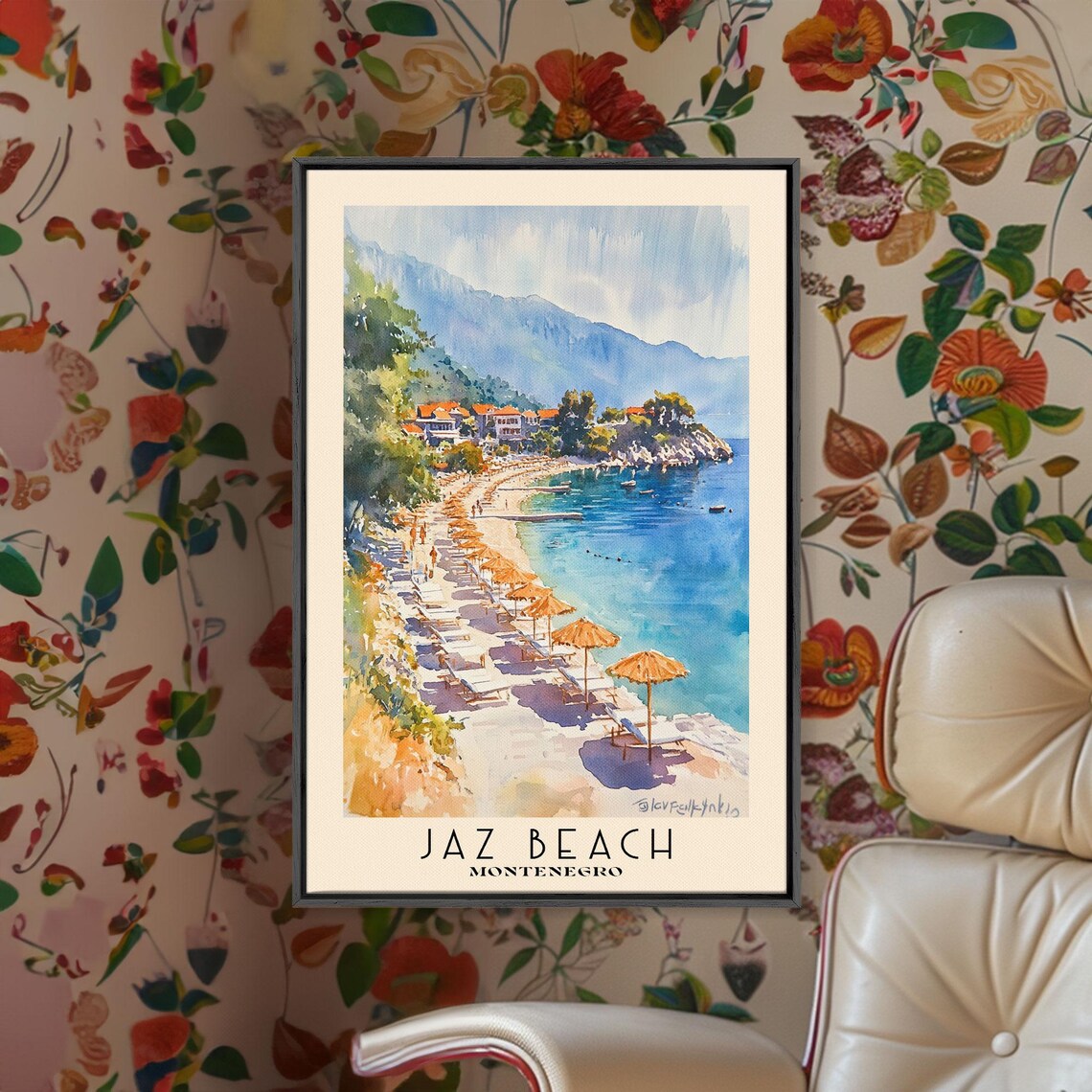 Jaz Beach Montenegro Orange Umbrellas Sandy Shore Mountain Watercolor Poster - Image 2