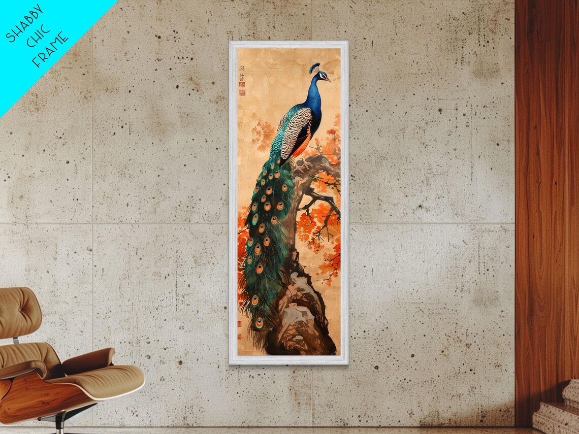 Majestic Peacock Autumn Leaves Gold Background Japanese Art Poster - Image 4