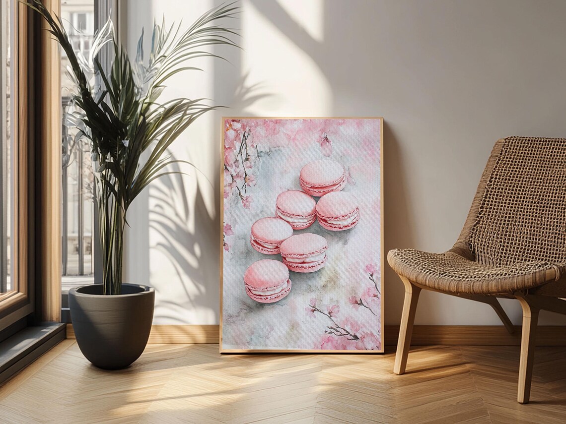 Pink Macarons Cherry Blossom Watercolor Sweet French Bakery Wall Art - Image 4