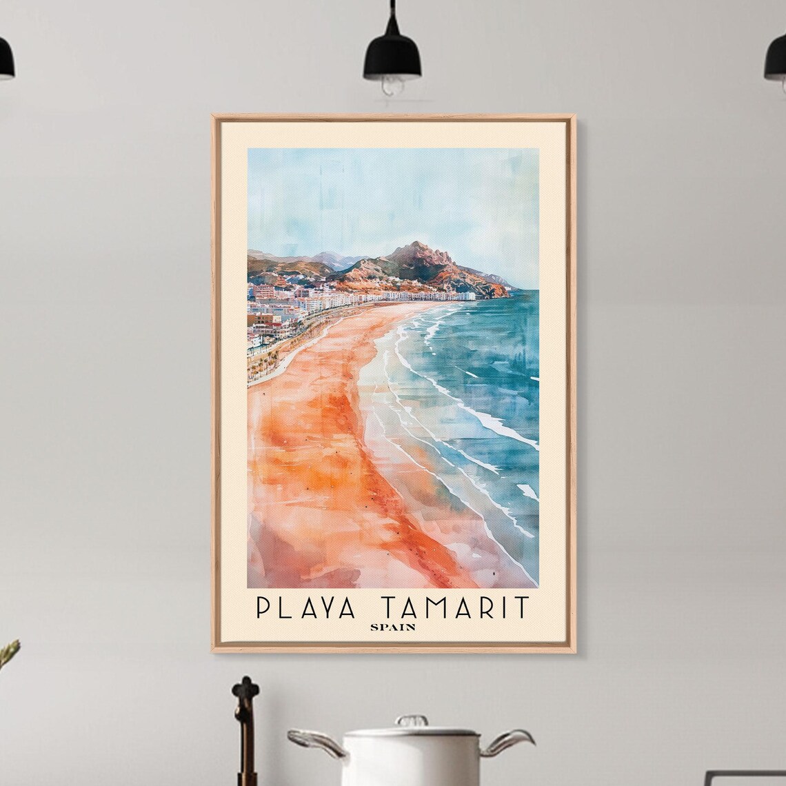 Playa Tamarit Spain Pink Sand Beach Teal Surf Watercolor Travel Poster - Image 6