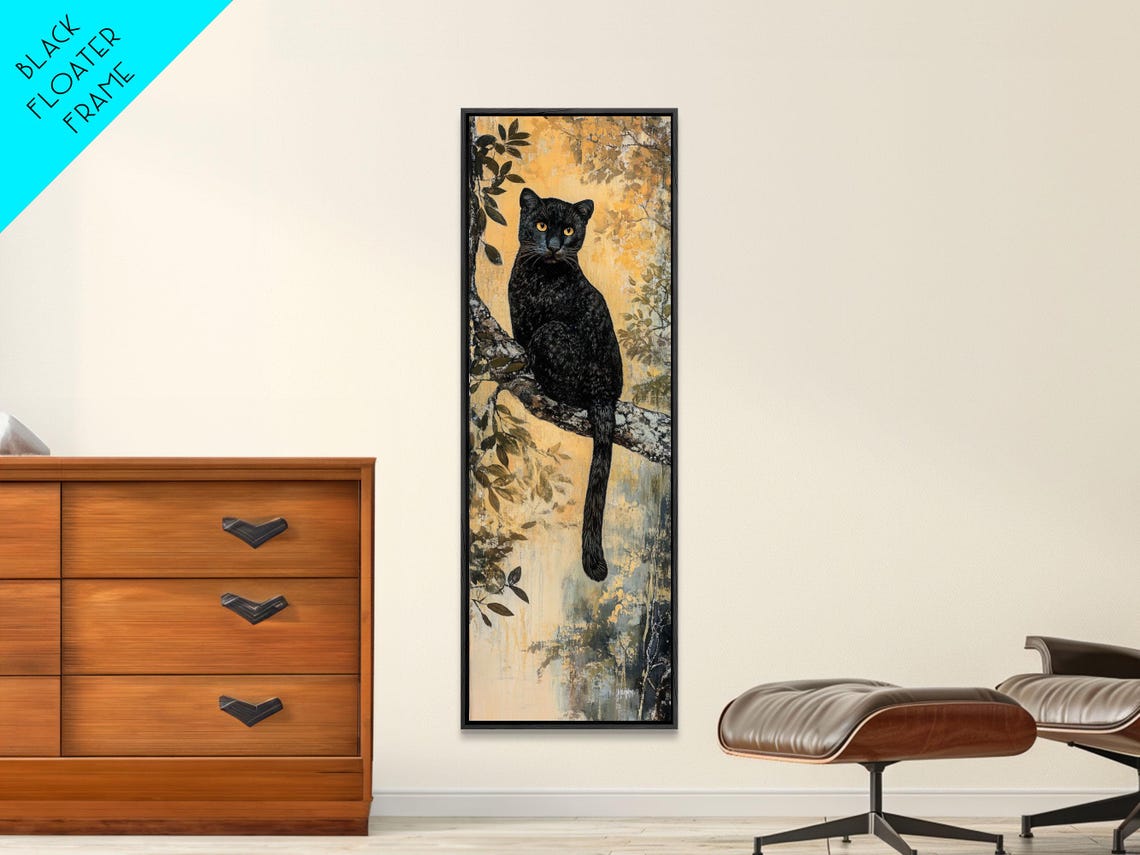 Black Panther on Tree Branch Golden Jungle Big Cat Night Wall Art - Image 5
