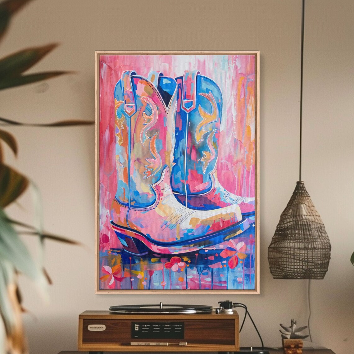 Colorful Cowboy Boots In Pink And Blue With Floral Details Art Poster