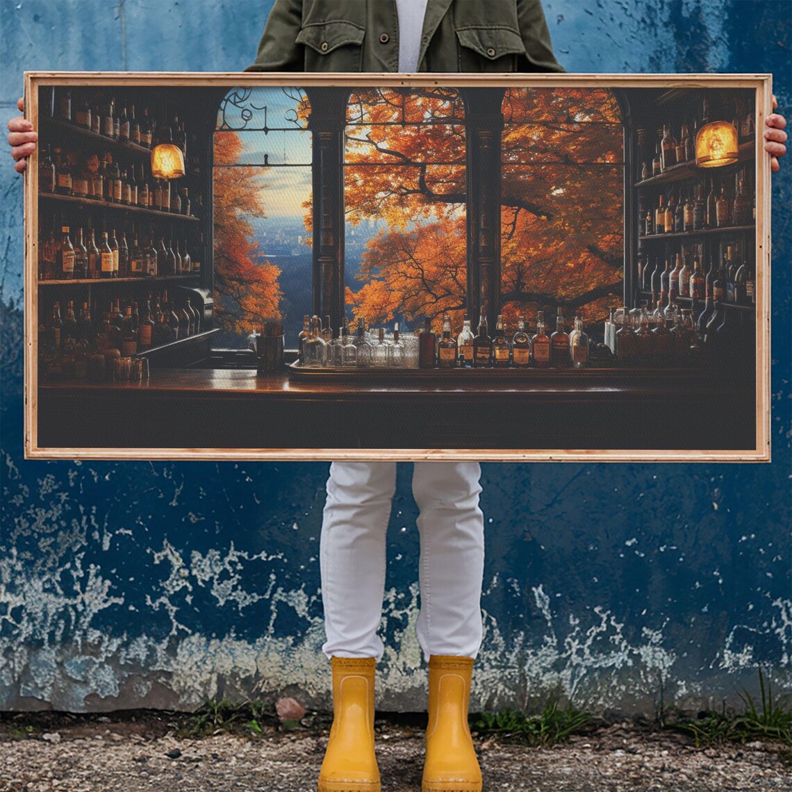 Cozy Vintage Bar Autumn Window Trees Bottles Oil Painting Print - Image 6