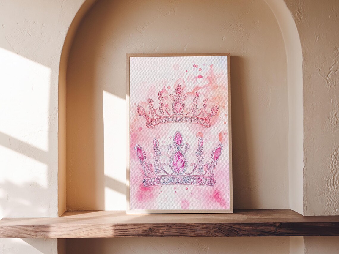 Twin Pink Jeweled Crowns Watercolor Whimsical Princess Wall Art Print - Image 6