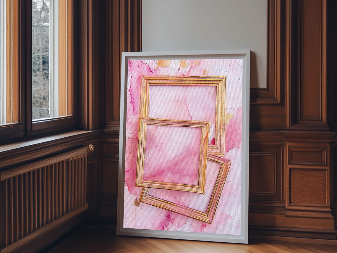 Golden Frames On Pink Watercolor Background Minimalist Wall Art Print - Image 6