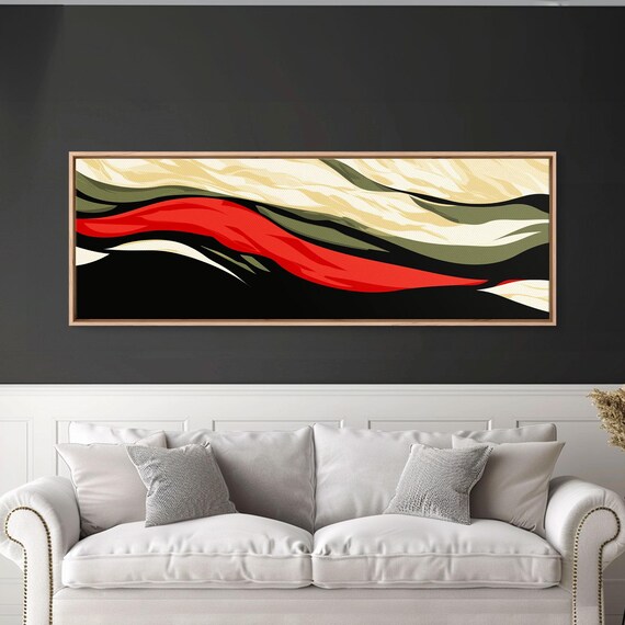 Moody Abstract Painting Print Waves Panoramic Extra Wide Wall Art Red Black And Green Wall Art Modern Art