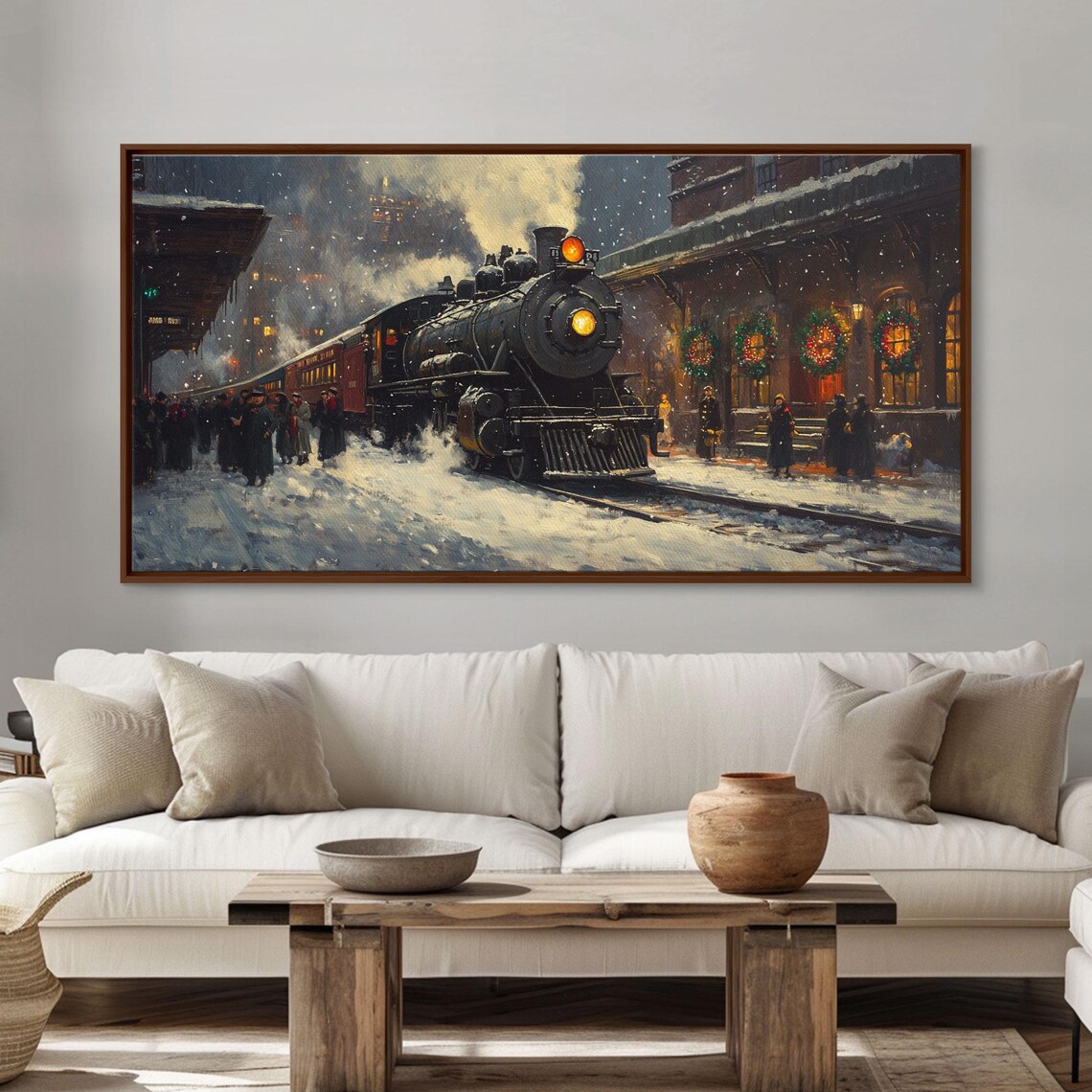 Steam Train Arriving At A Snowy Station On Christmas Eve Art Print