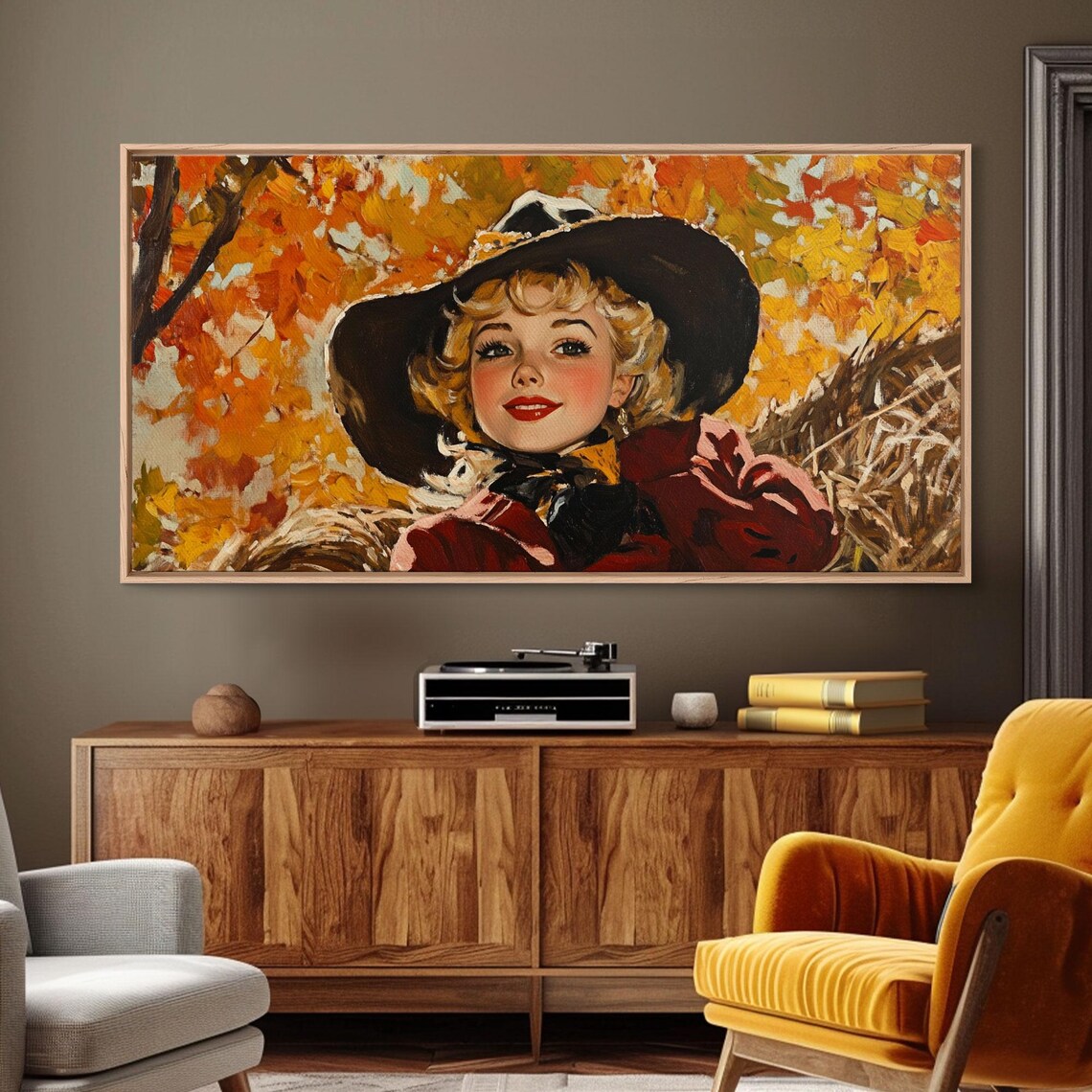 Smiling Retro Cowgirl Among Golden Fall Leaves Vintage Charm Poster - Image 3