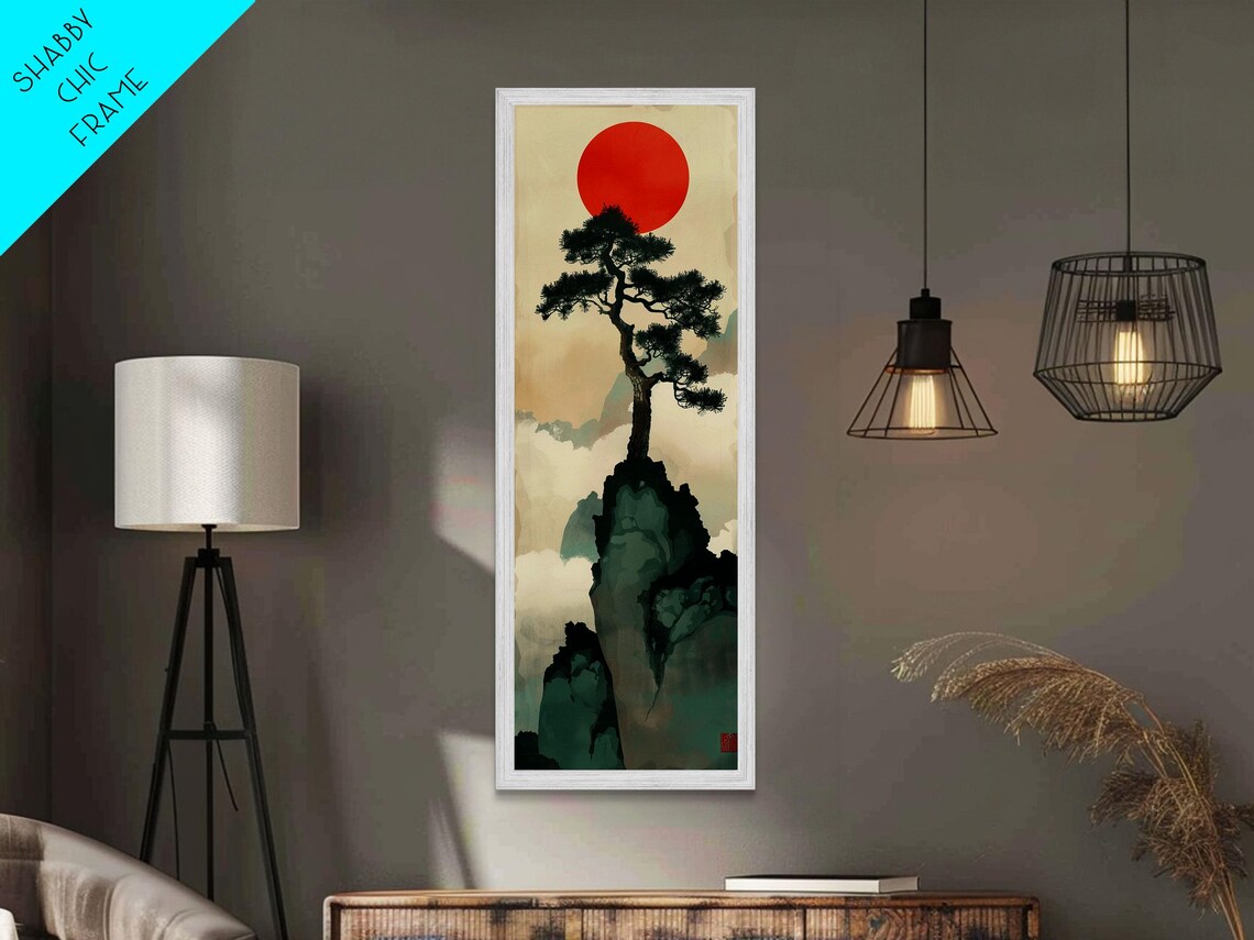 Bonsai Tree Mountain Red Sun Japanese Tall Wall Art Skinny Framed Print Ukiyo E Style - Image 4