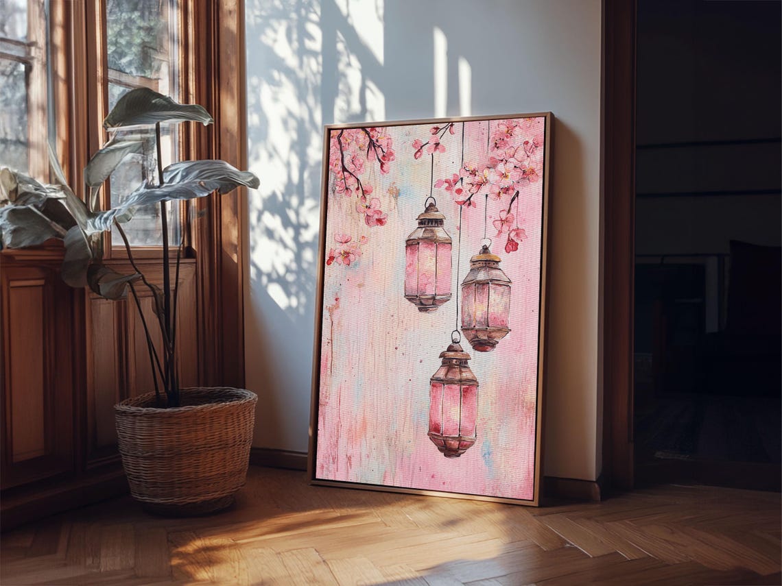 Moroccan Lanterns Cherry Blossom Pink Watercolor Boho Art Poster - Image 5