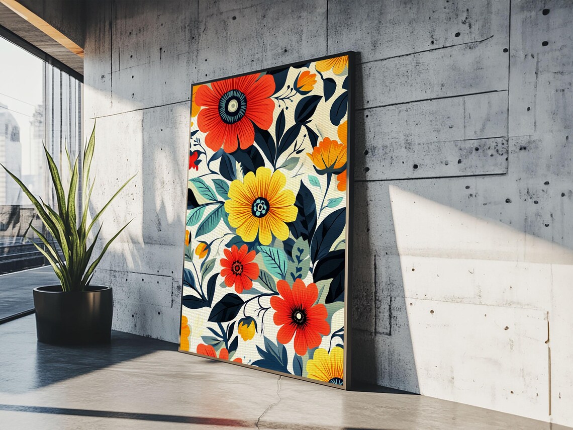 Mid Century Modern Floral Pattern Bold Retro Blooms Cream Art Poster - Image 5