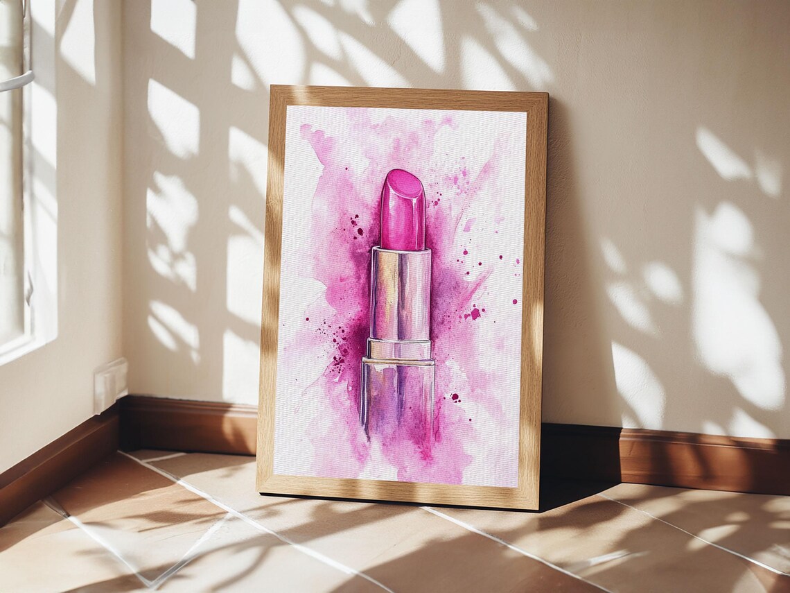 Magenta Lipstick In Chrome Tube Watercolor Bold Beauty Wall Art Print - Image 5