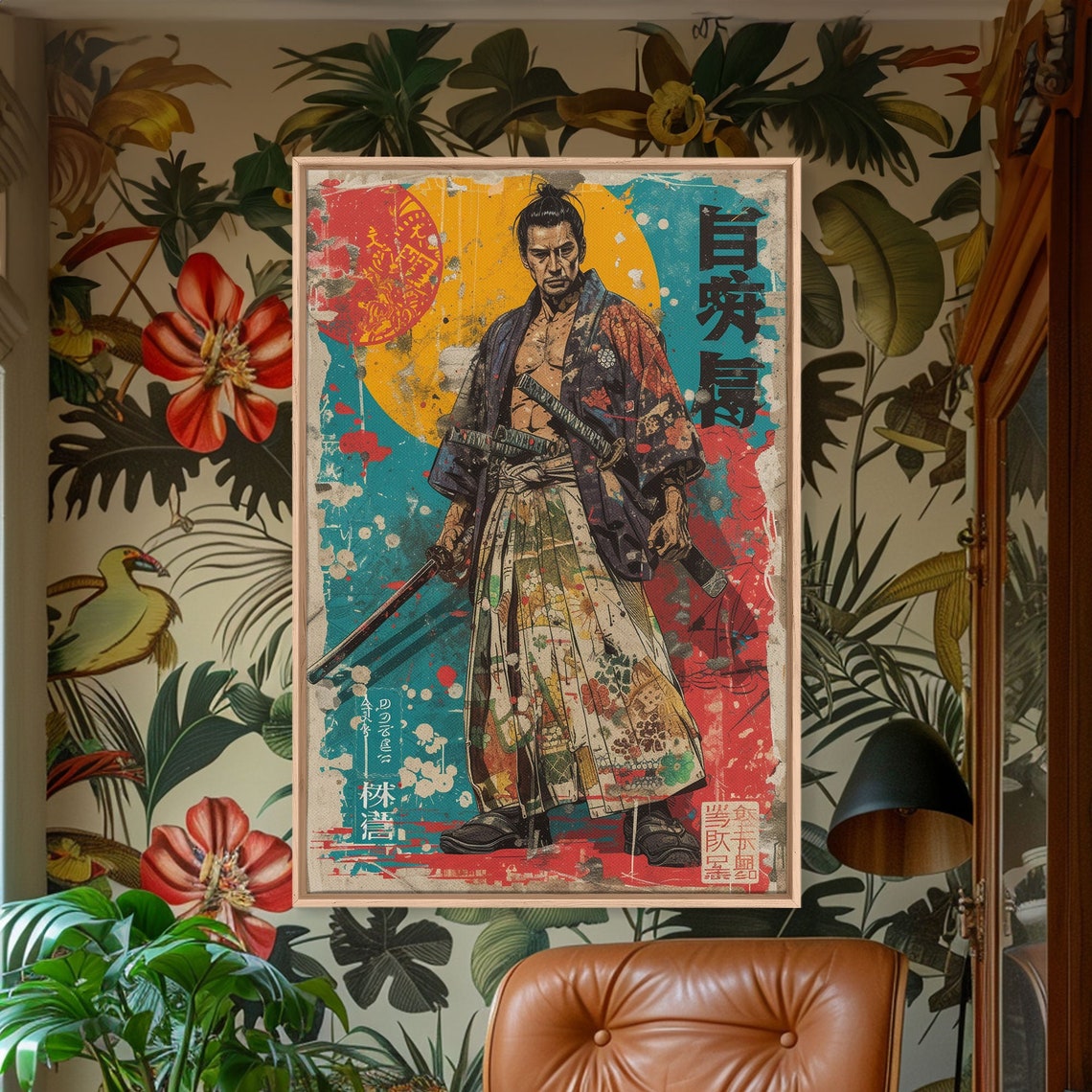 Japanese Samurai Floral Kimono Katanas Vintage Ukiyo E Wall Art - Image 4