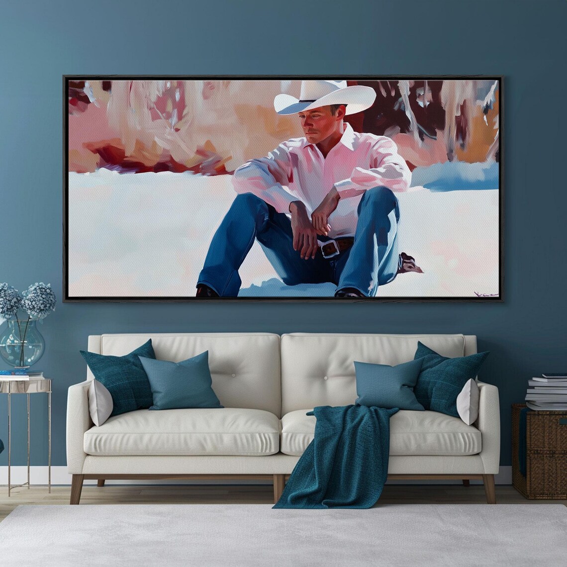 Cowboy In A White Hat And Pink Shirt Sitting In The Snow Art Print - Image 2