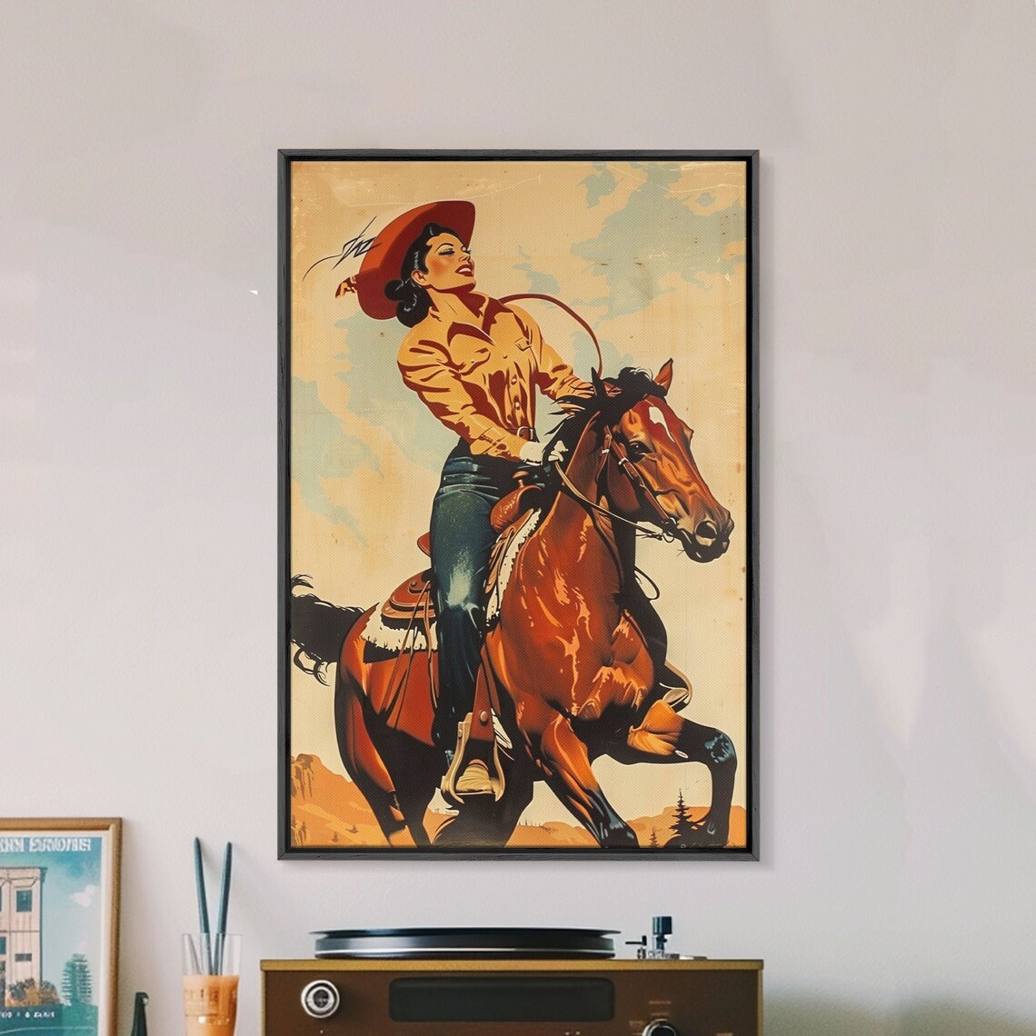 Vintage Cowgirl Riding Rearing Chestnut Horse Western Ranch Poster - Image 3